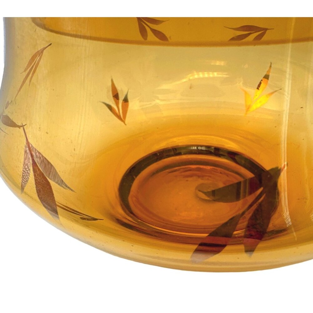 Vintage Roumania Amber Color Glass Jar Candy Dish Gold Trim Leaf Design European - Picture 6 of 11